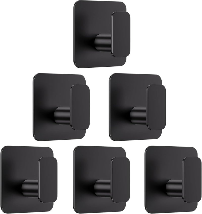 Aikzik Black Hooks for Hanging Heavy Duty, Adhesive Hooks for Shower, Bathroom, Kitchen, Robe, Towel, Coat, Waterproof & Rustproof Hook for Walls No Damage, Sticky Wall Towel Hooks - 6 Pack - Image 1